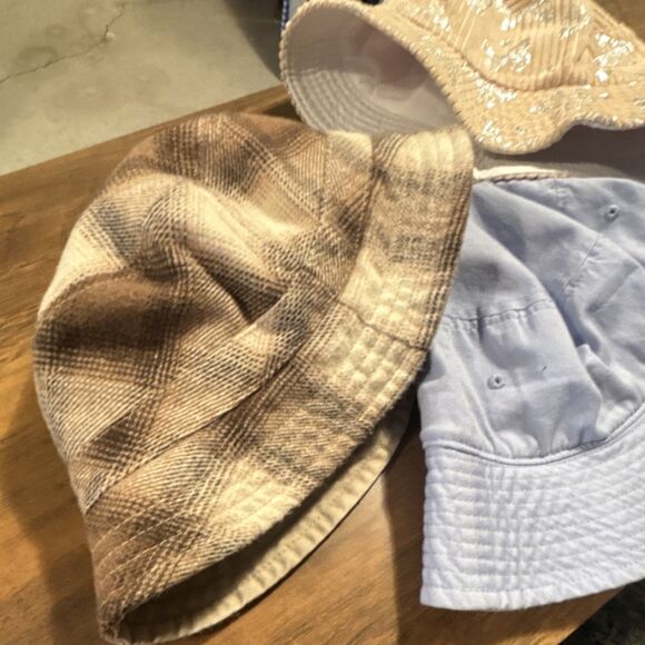 3 Bucket Hat Bundle Blue Beige Brown Plaid Butterfly L/XL - Picture 2 of 14